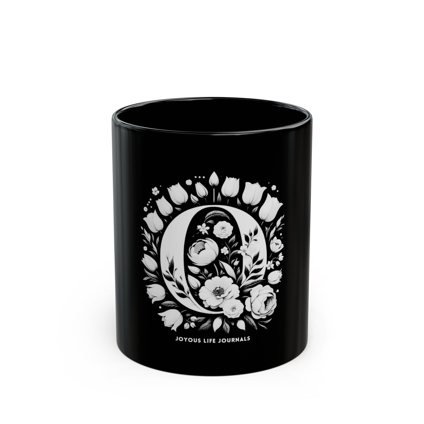 Optimistic Oasis – Monogram O Black Coffee Mug, 11oz | Joyous Life Journals