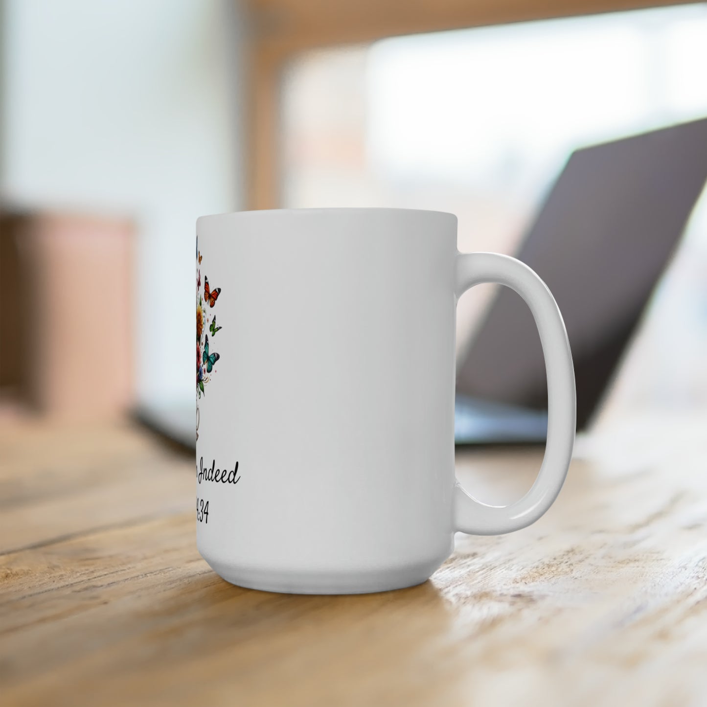 Resurrection Radiance – Luke 24:34 Mug | “He Has Risen Indeed” | White Floral Ceramic Mug | Rooted in Grace Collection