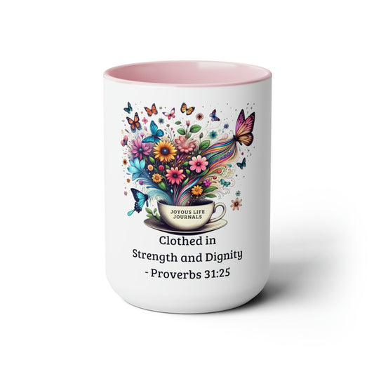 Elegance in Bloom – Two-Tone Ceramic Mug | Proverbs 31:25 “Clothed in Strength & Dignity” | Rooted in Grace Collection