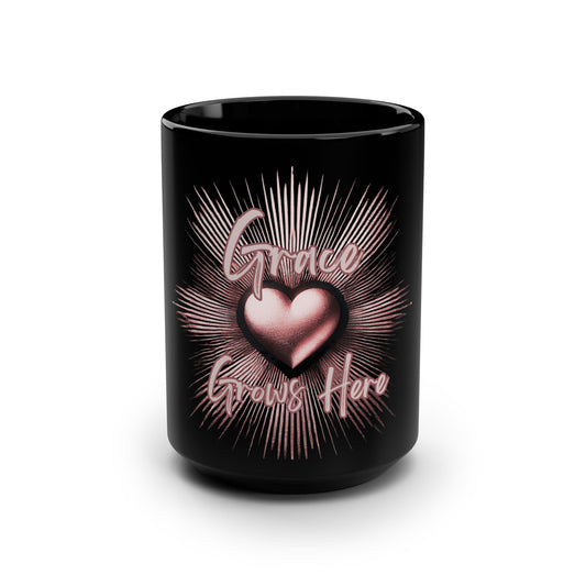 Grace Grows Here – 15oz Inspirational Black Mug | Love in Bloom Collection | Joyous Life Journals