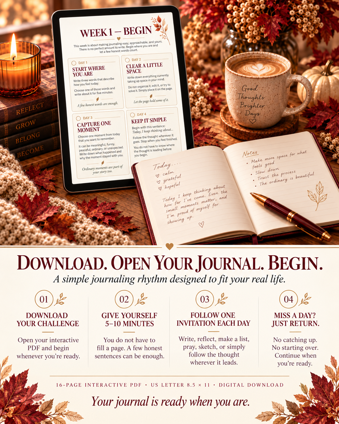 How to use the 30-day journaling digital challenge with tablet, open journal, pen and four simple steps