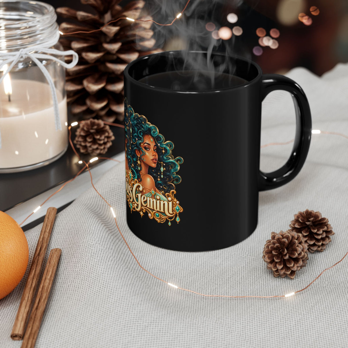 Curious Gemini Black Mug | Celestial Elegance Collection