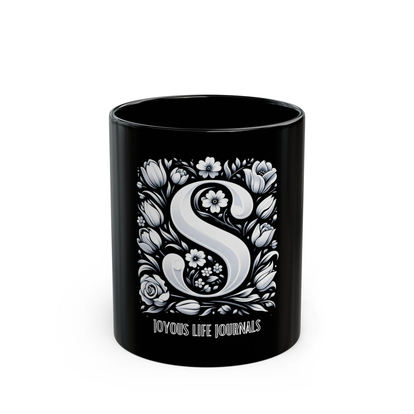 Sip of Sophistication – Monogram S 11oz Black Coffee Mug | Joyous Life Journals