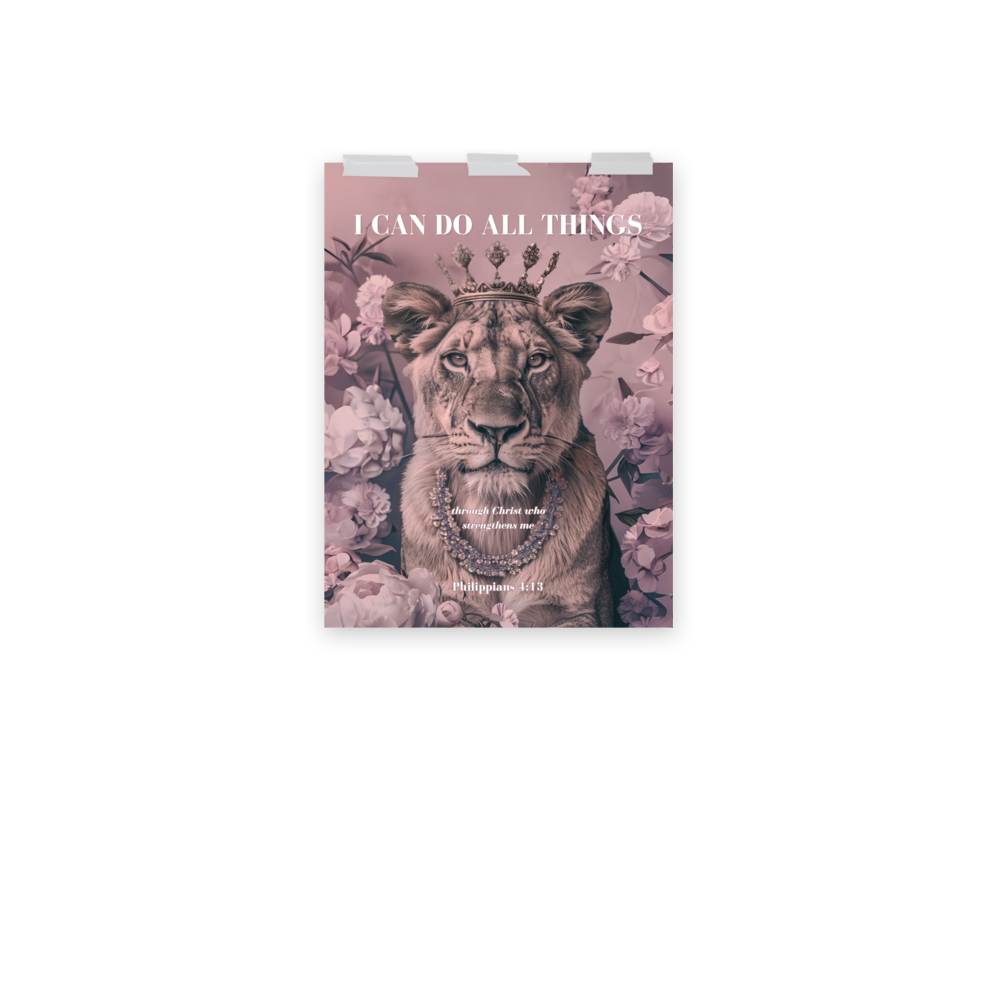 Philippians 4:13 Wall Art – “I Can Do All Things” Lioness Crown Print | Christian Luxury Décor for Women of Faith
