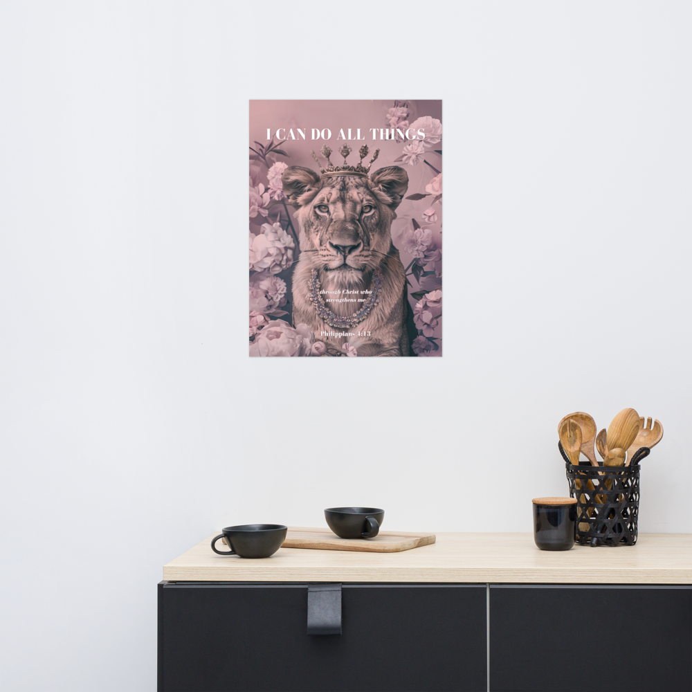 Philippians 4:13 Wall Art – “I Can Do All Things” Lioness Crown Print | Christian Luxury Décor for Women of Faith