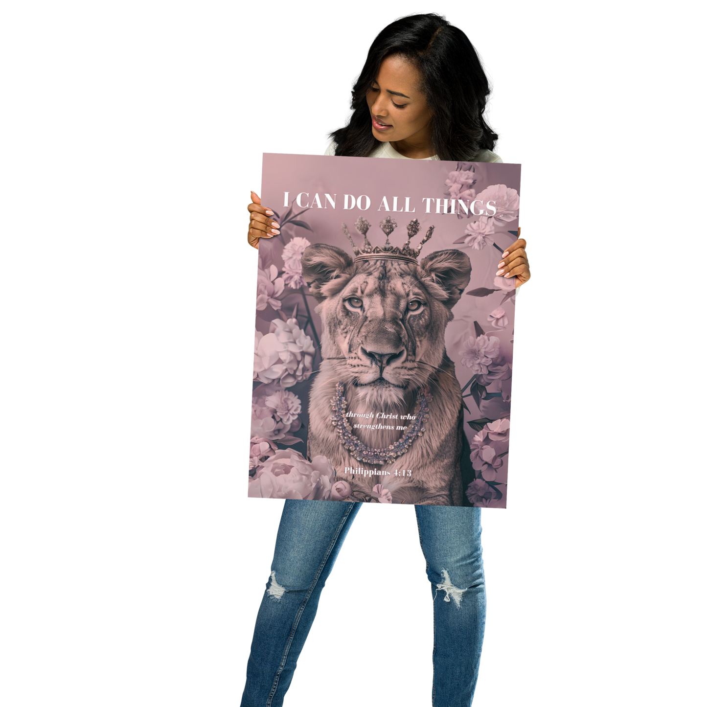 Philippians 4:13 Wall Art – “I Can Do All Things” Lioness Crown Print | Christian Luxury Décor for Women of Faith