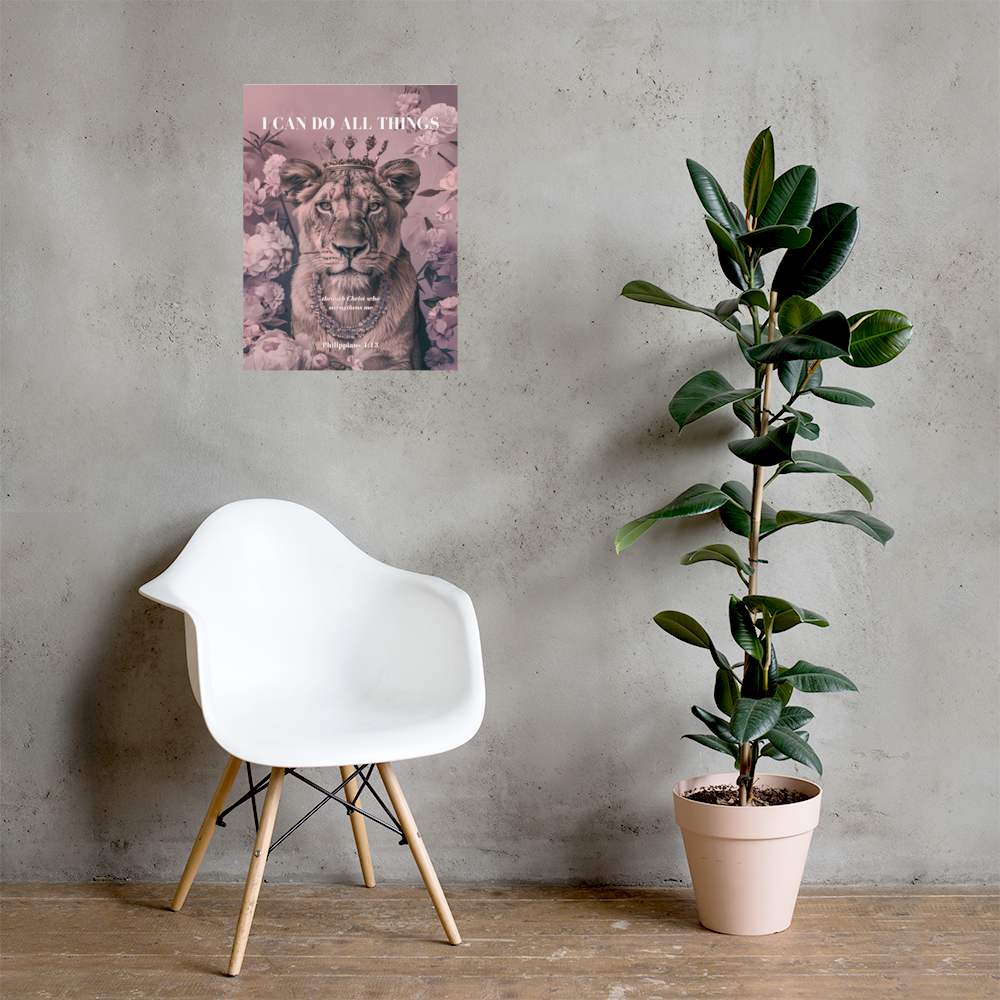 Philippians 4:13 Wall Art – “I Can Do All Things” Lioness Crown Print | Christian Luxury Décor for Women of Faith