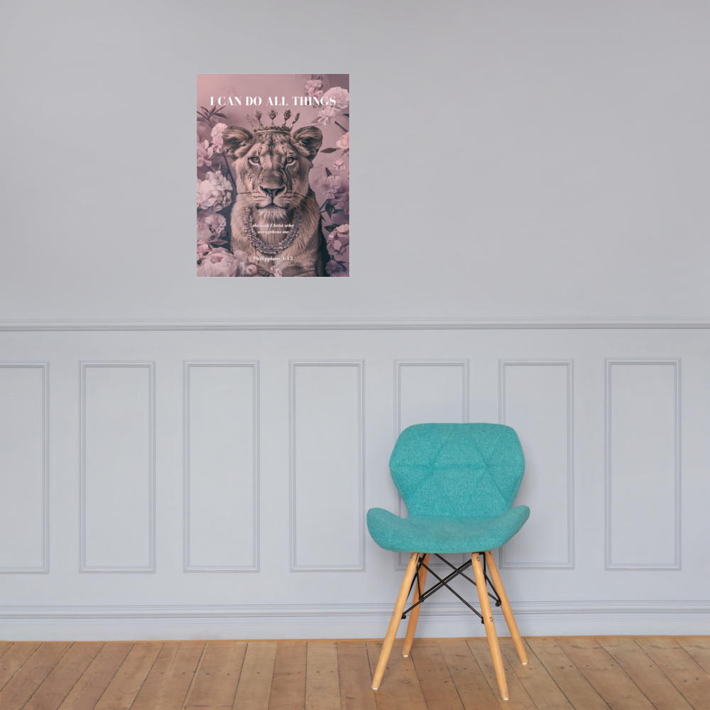 Philippians 4:13 Wall Art – “I Can Do All Things” Lioness Crown Print | Christian Luxury Décor for Women of Faith
