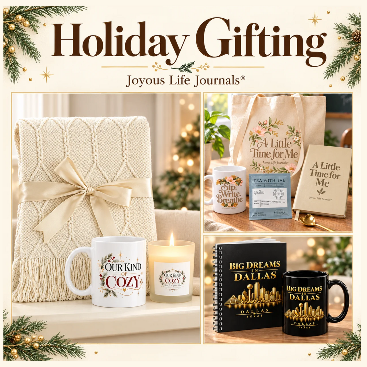 Holiday gifts from Joyous Life Journals featuring Our Kind of Cozy, A Little Time for Me, and Big Dreams in Dallas.