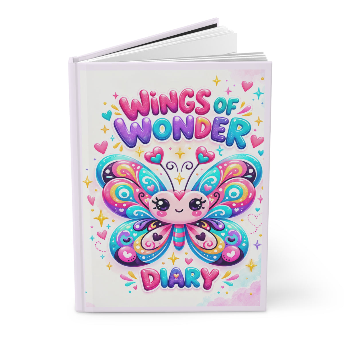 A hardcover notebook or diary titled 'Wings of Wonder Diary' featuring a colorful cartoon butterfly illustration on the cover, shown against a plain white background.