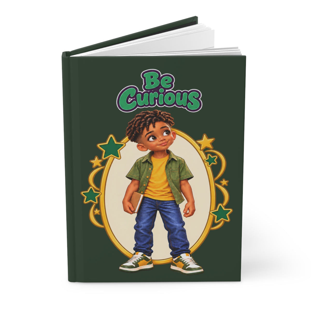 Forest-green Be Curious hardcover journal featuring a boy holding a book, surrounded by a gold oval frame and green stars.