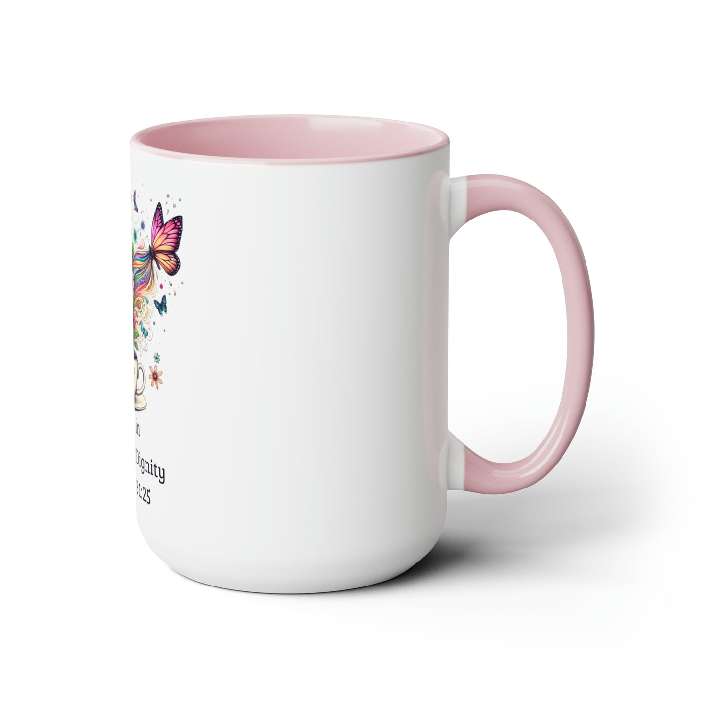 Elegance in Bloom – Two-Tone Ceramic Mug | Proverbs 31:25 “Clothed in Strength & Dignity” | Rooted in Grace Collection