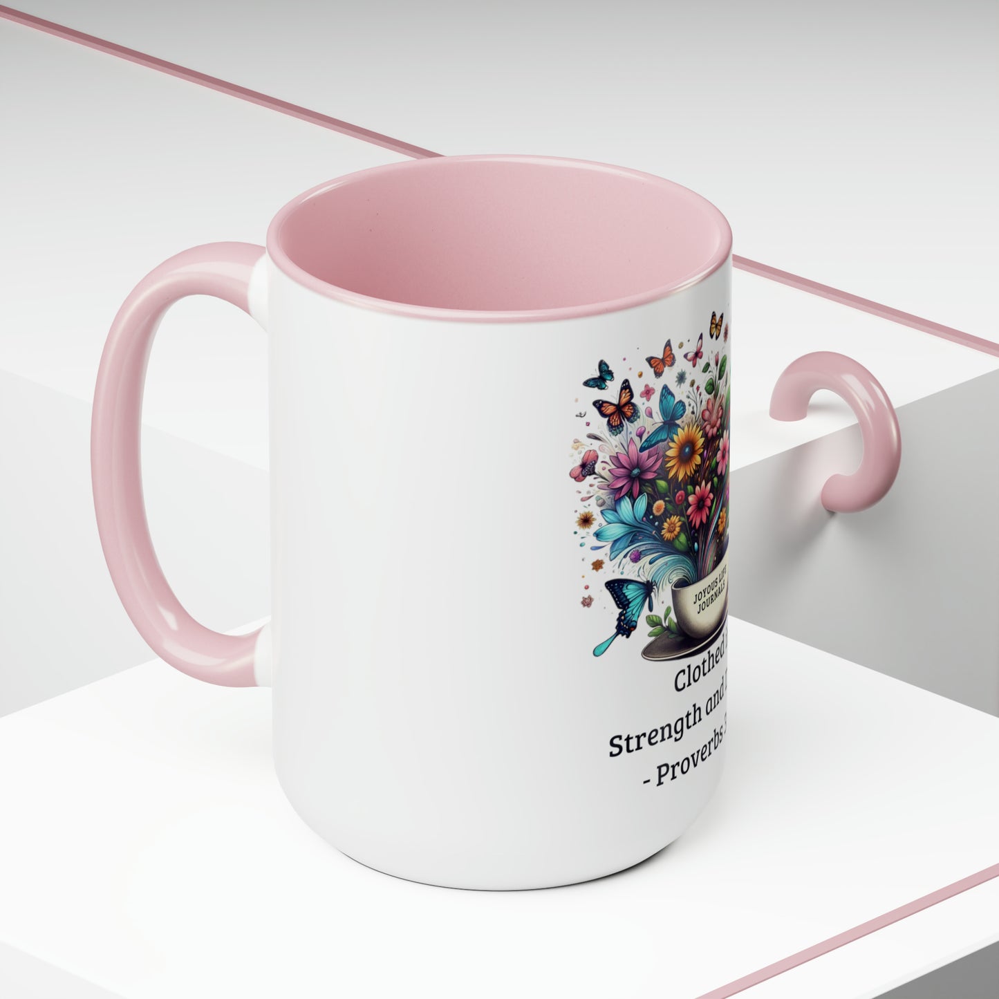 Elegance in Bloom – Two-Tone Ceramic Mug | Proverbs 31:25 “Clothed in Strength & Dignity” | Rooted in Grace Collection
