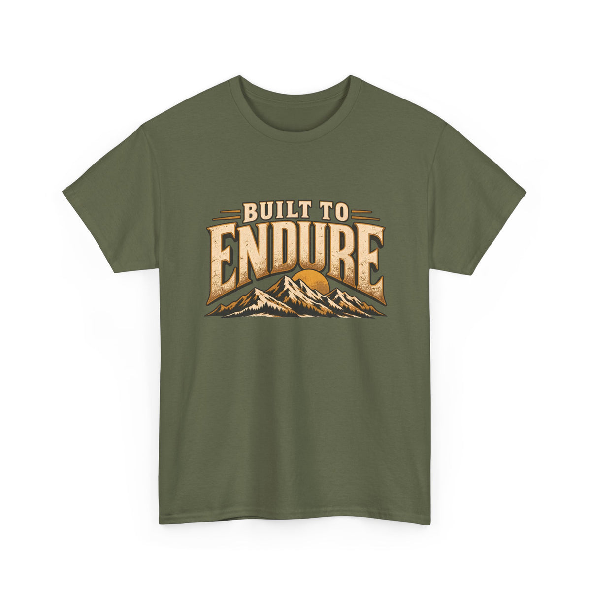Built to Endure Military Green graphic T-shirt with vintage mountain design