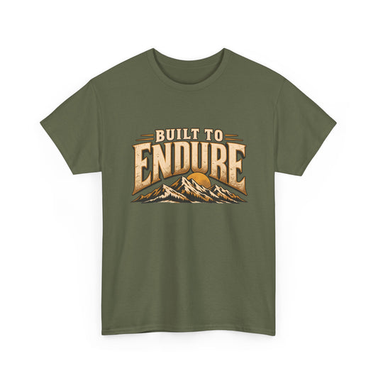 Built to Endure Military Green graphic T-shirt with vintage mountain design