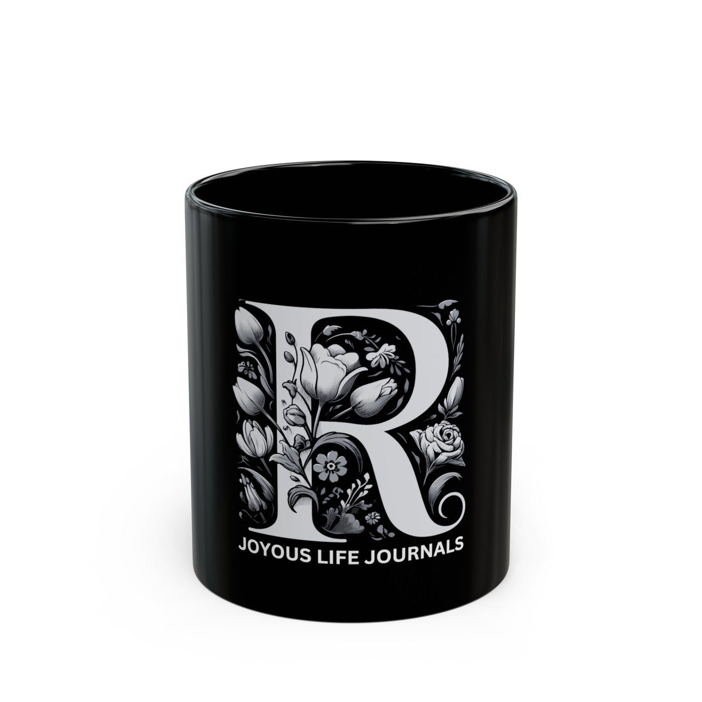 Radiant Ritual – Monogram R 11oz Black Coffee Mug | Joyous Life Journals