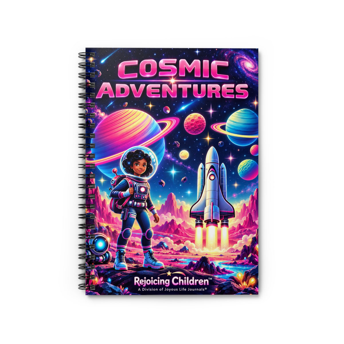 A spiral-bound notebook with a colorful cosmic cover design featuring the title 'COSMIC ADVENTURES' and the brand 'Rejoicing Children' at the bottom, shown on a plain white background.