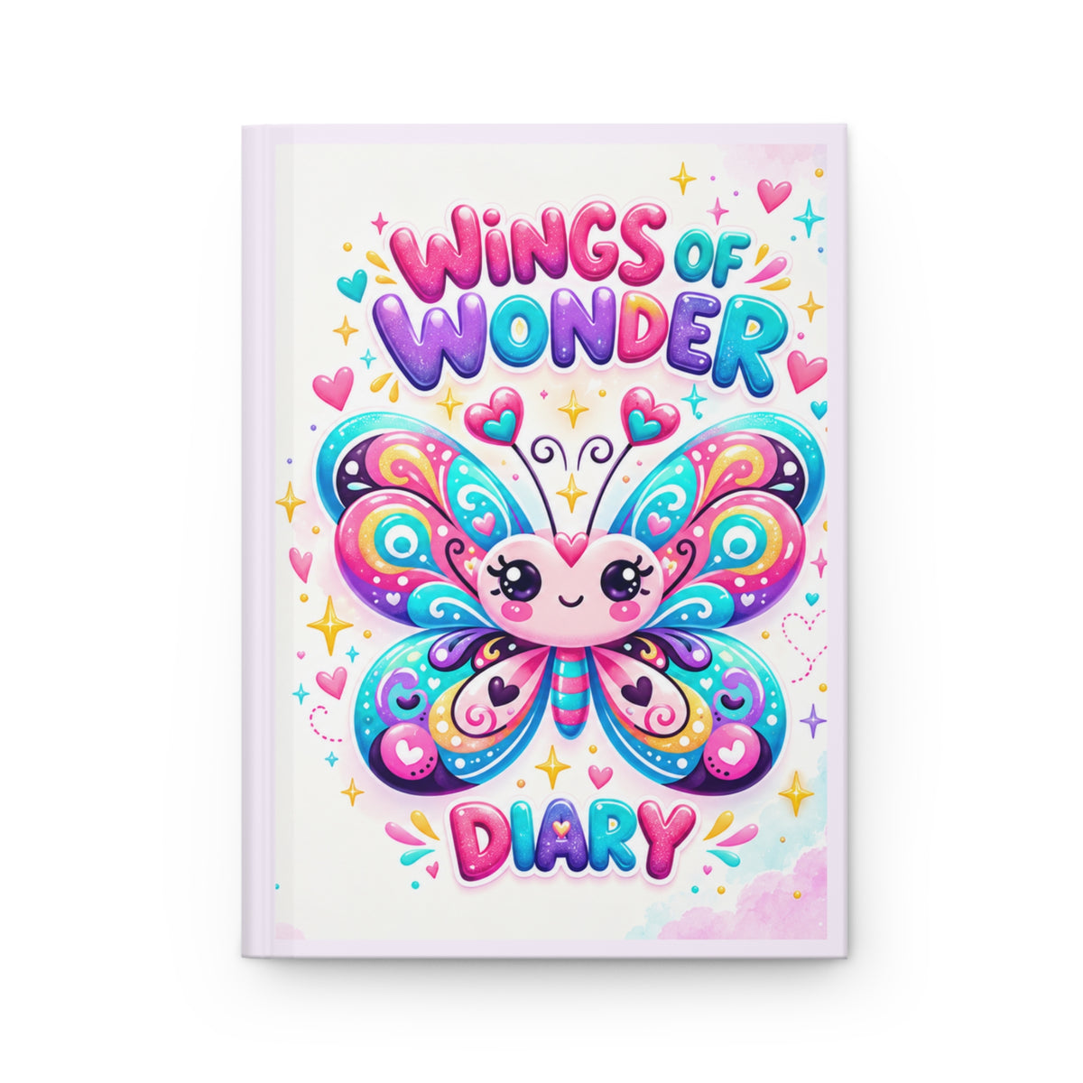 A pastel pink hardcover notebook featuring a colorful cartoon butterfly and the text 'Wings of Wonder' and 'DIARY' on the cover, shown against a plain white background.