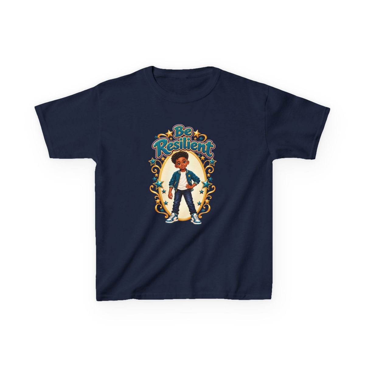 Navy Be Resilient youth T-shirt featuring a boy in a teal jacket surrounded by a gold oval frame and teal stars.
