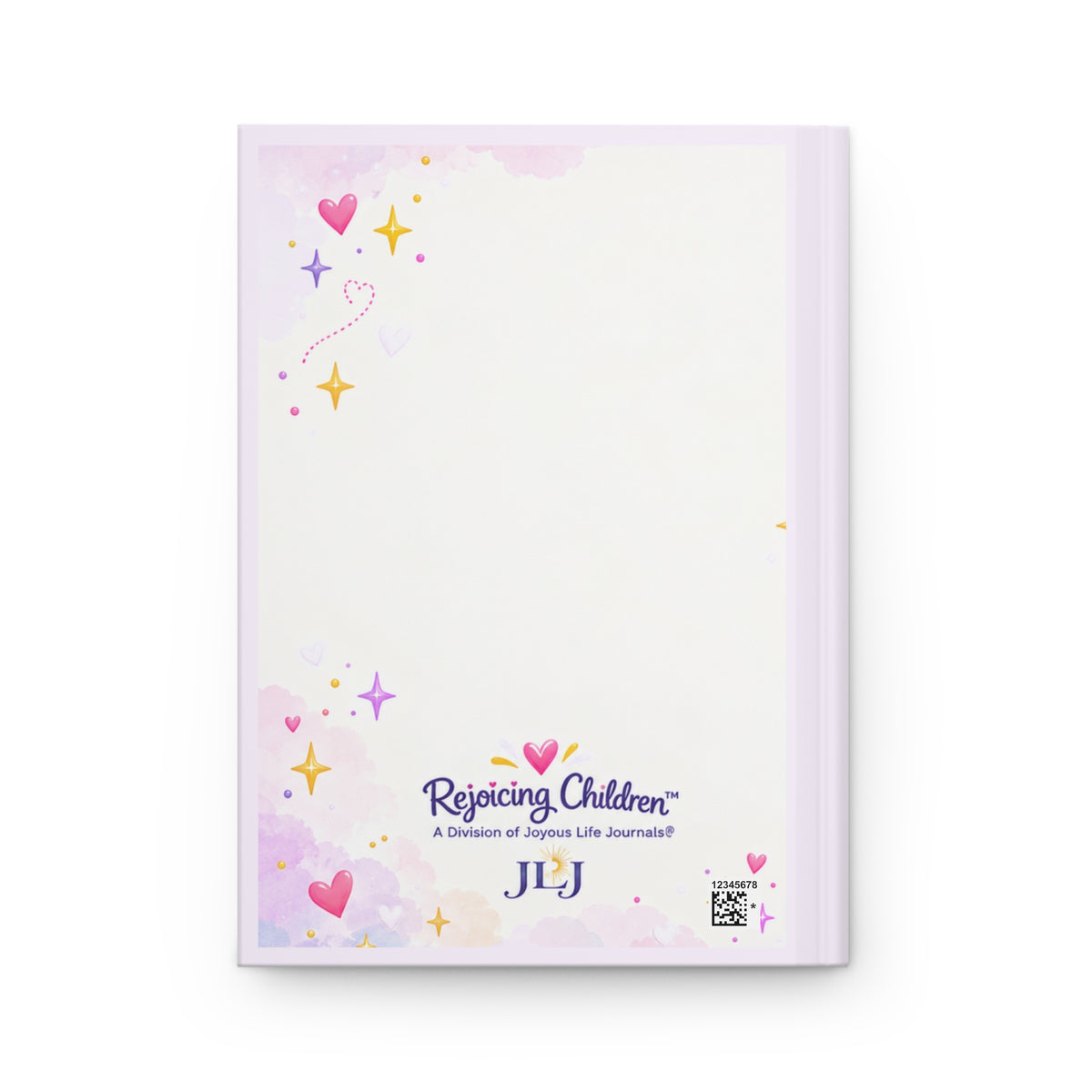 A children's journal with a white cover decorated with pastel pink, purple, and yellow watercolor hearts, stars, and sparkles. 