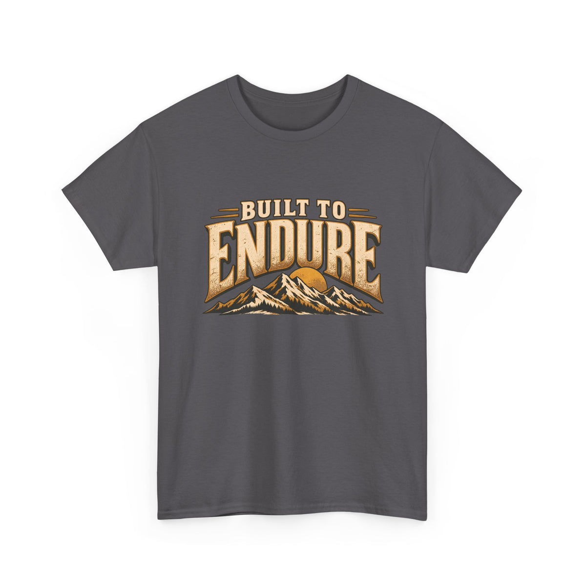 Built to Endure Charcoal heavy cotton graphic tee with ivory and bronze lettering