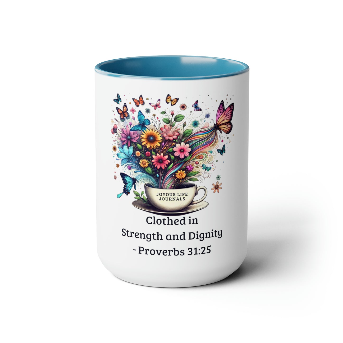 Elegance in Bloom – Two-Tone Ceramic Mug | Proverbs 31:25 “Clothed in Strength & Dignity” | Rooted in Grace Collection
