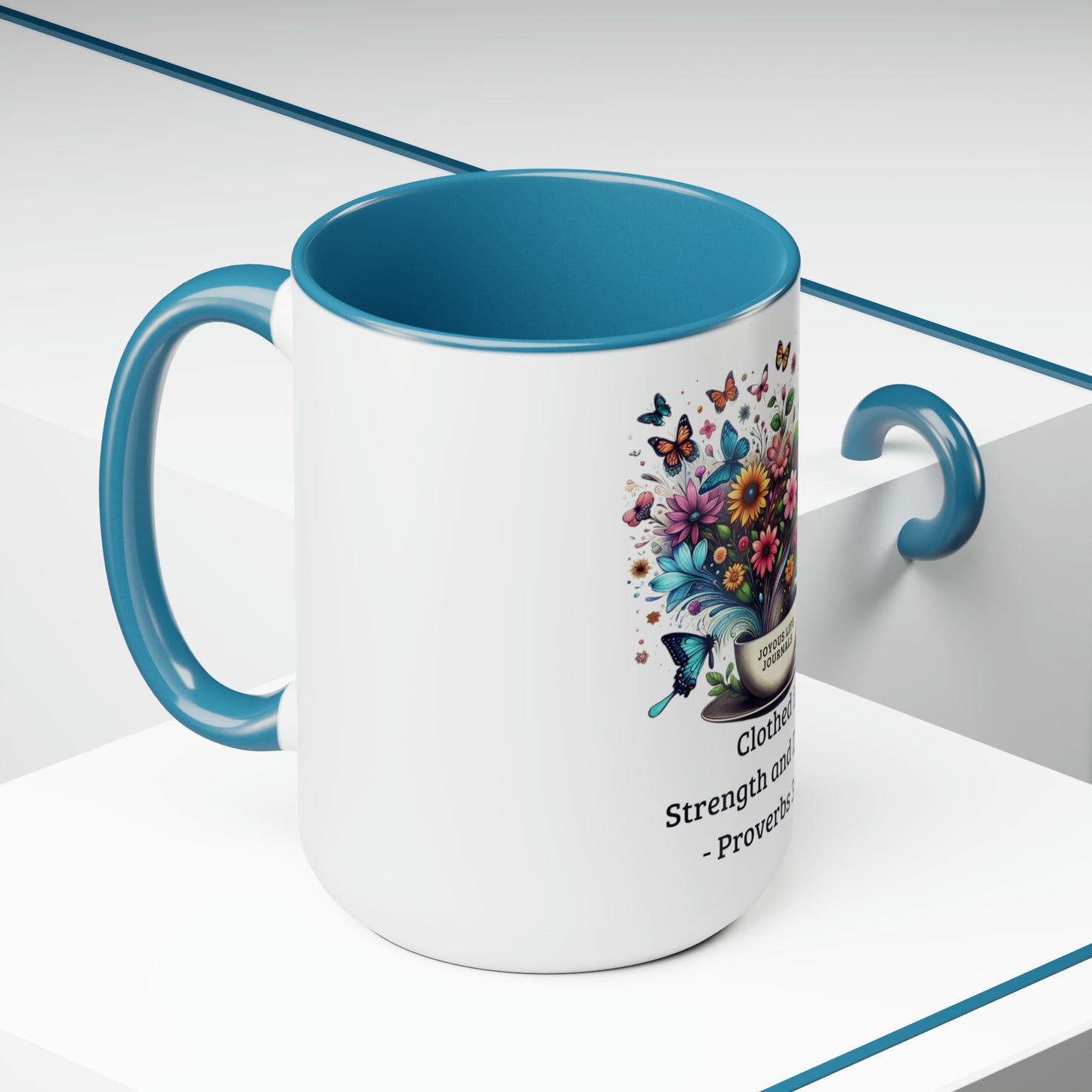 Elegance in Bloom – Two-Tone Ceramic Mug | Proverbs 31:25 “Clothed in Strength & Dignity” | Rooted in Grace Collection
