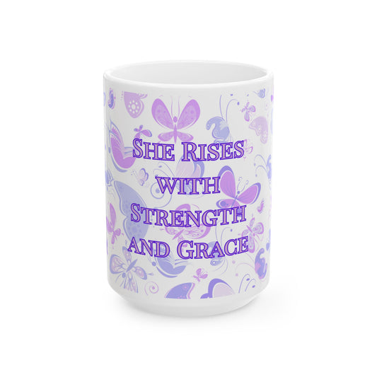 She Rises with Strength and Grace – 15oz Inspirational Butterfly Mug | Joyous Life Journals