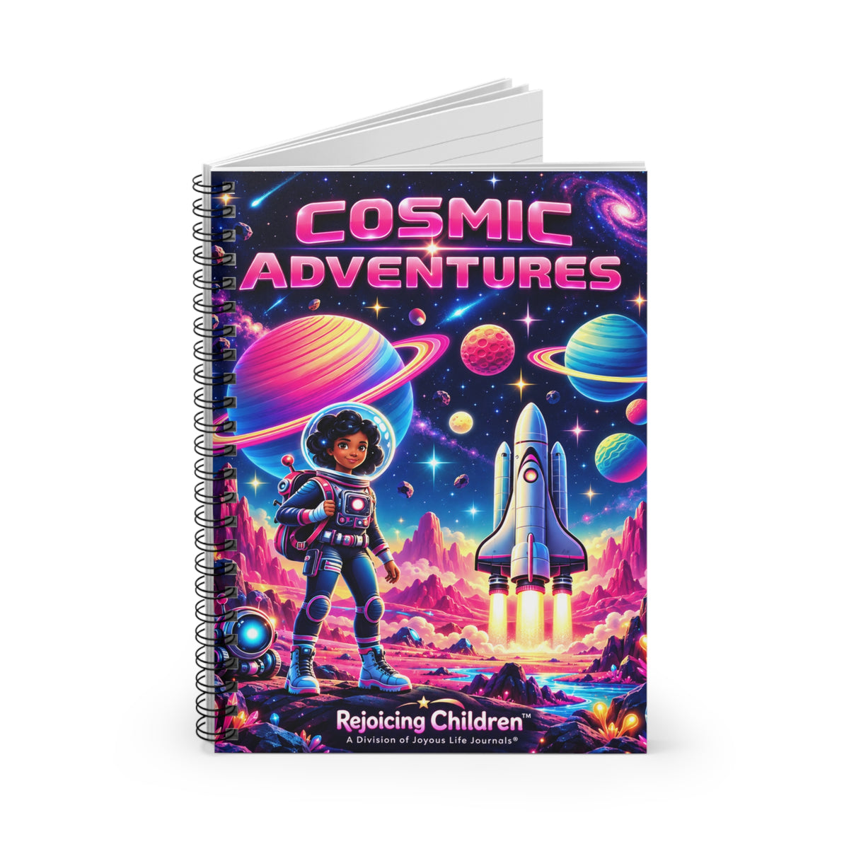 A spiral-bound notebook titled 'COSMIC ADVENTURES' with a colorful space-themed cover illustration featuring an astronaut, planets, a rocket, and the text 'Rejoicing Children' at the bottom, shown on a clean white background.