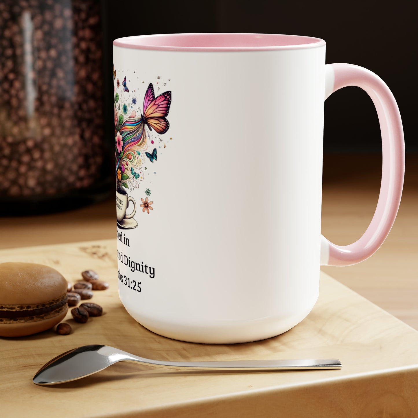 Elegance in Bloom – Two-Tone Ceramic Mug | Proverbs 31:25 “Clothed in Strength & Dignity” | Rooted in Grace Collection