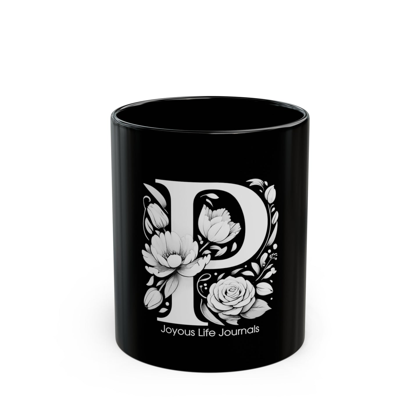 Prestige Pour: Monogram P 11oz Black Coffee Mug, Joyous Life Journals