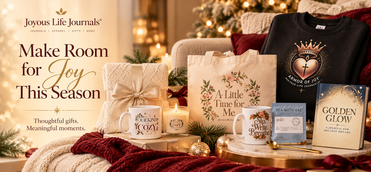 Joyous Life Journals holiday gifts featuring cozy comforts, a journal, tea accessories, and an Armor of Joy crewneck sweatshirt.