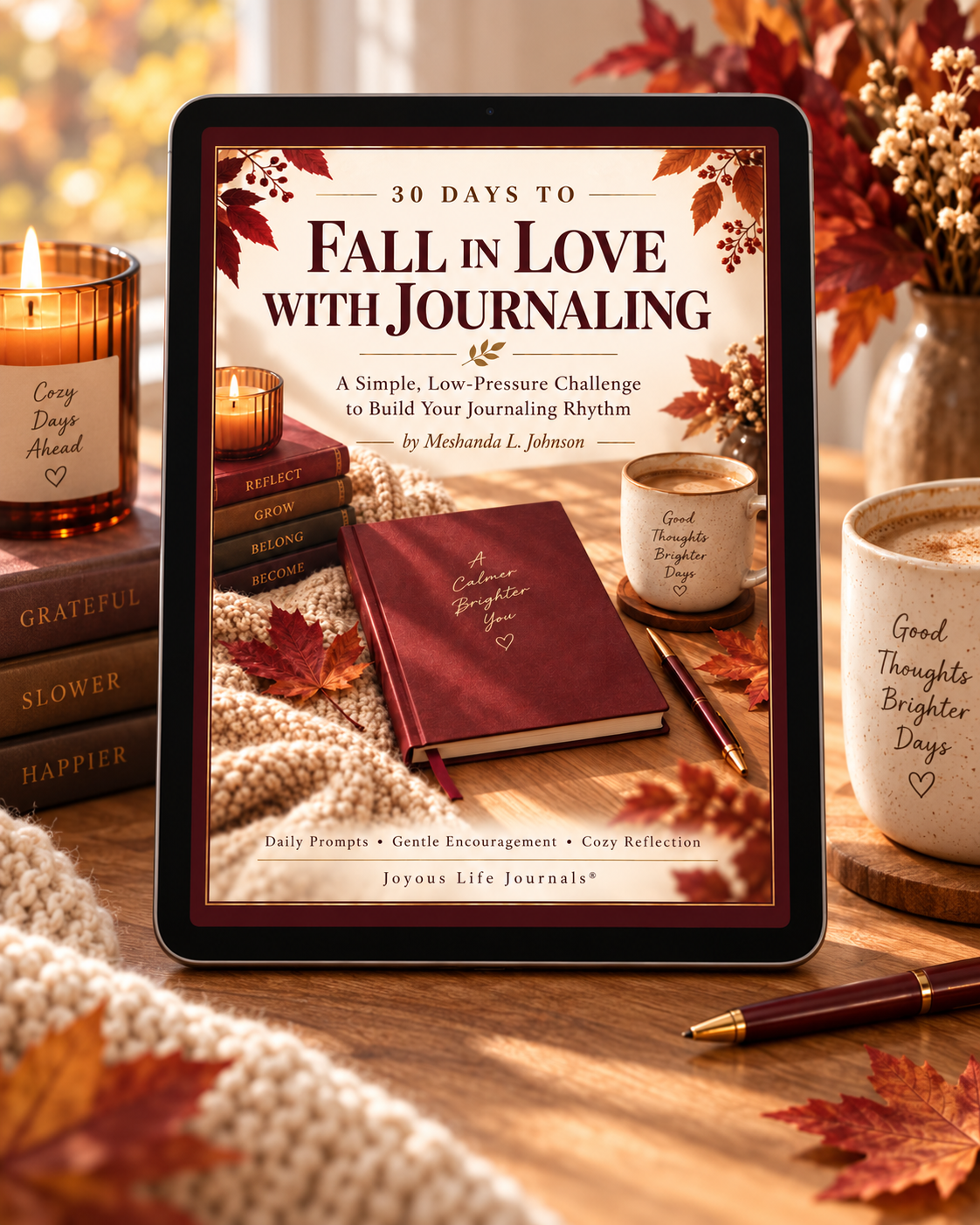 30 Days to Fall in Love with Journaling digital challenge displayed on a tablet in a cozy fall journaling scene