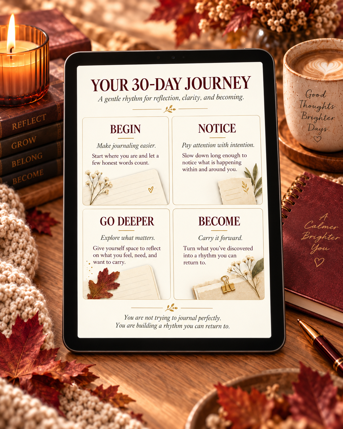 Four-stage 30-day journaling journey: Begin, Notice, Go Deeper and Become