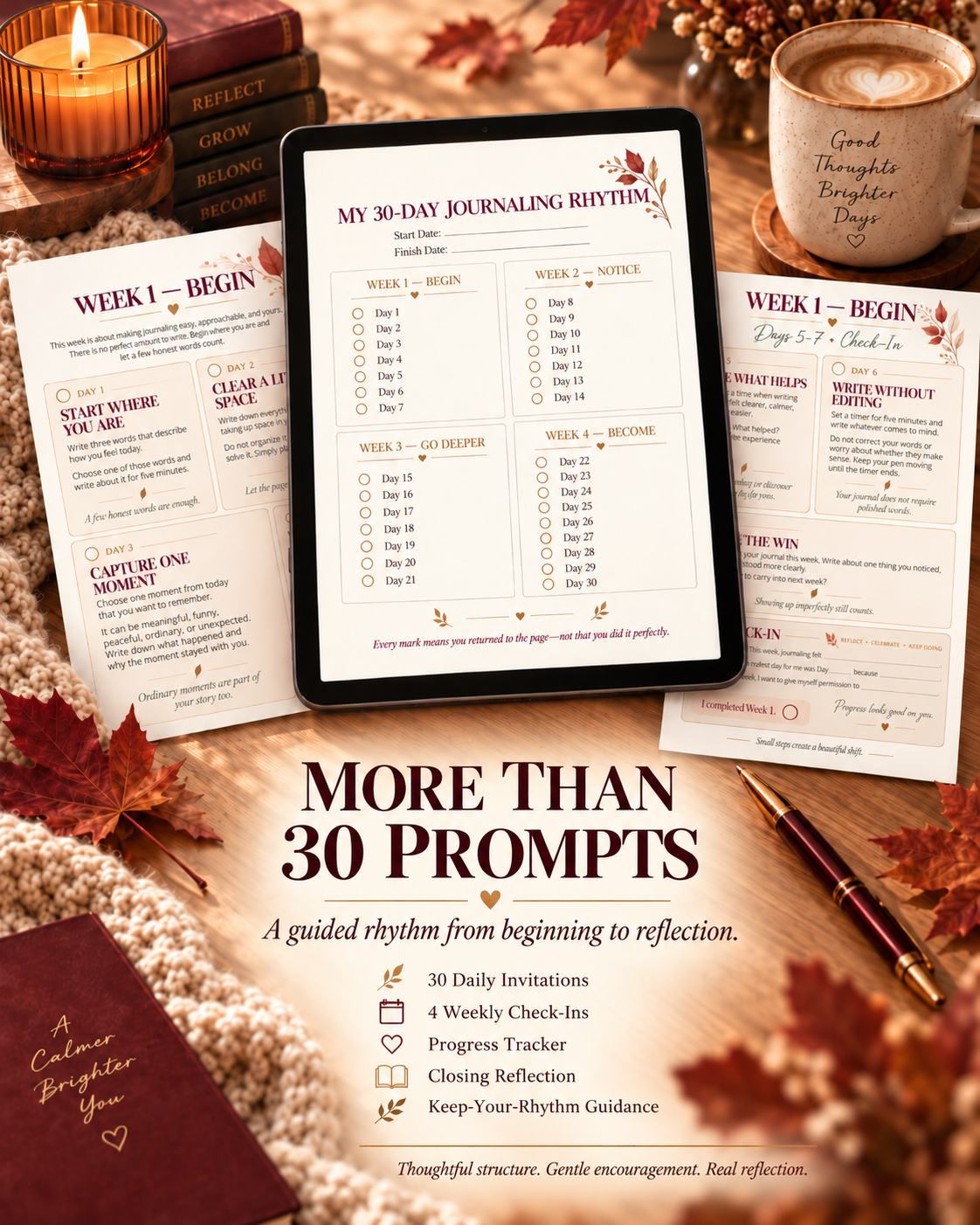 Inside the 30-day journaling challenge showing prompts, weekly check-ins, progress tracker and reflection guidance