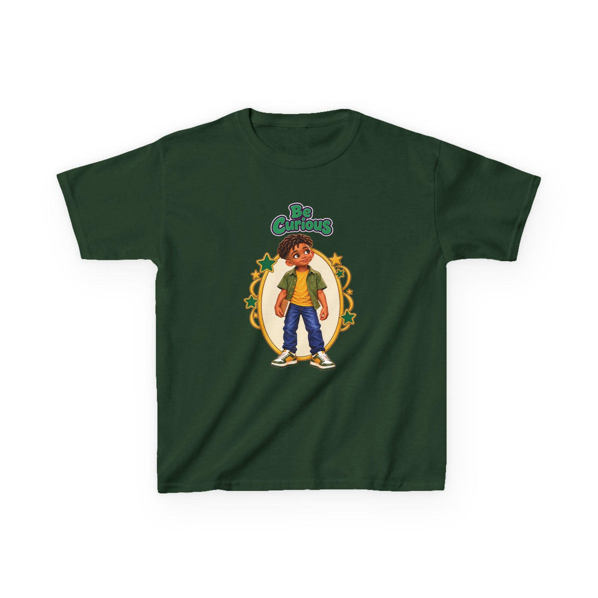 Forest green Be Curious youth T-shirt featuring a boy holding a book, surrounded by a gold oval frame and green stars.