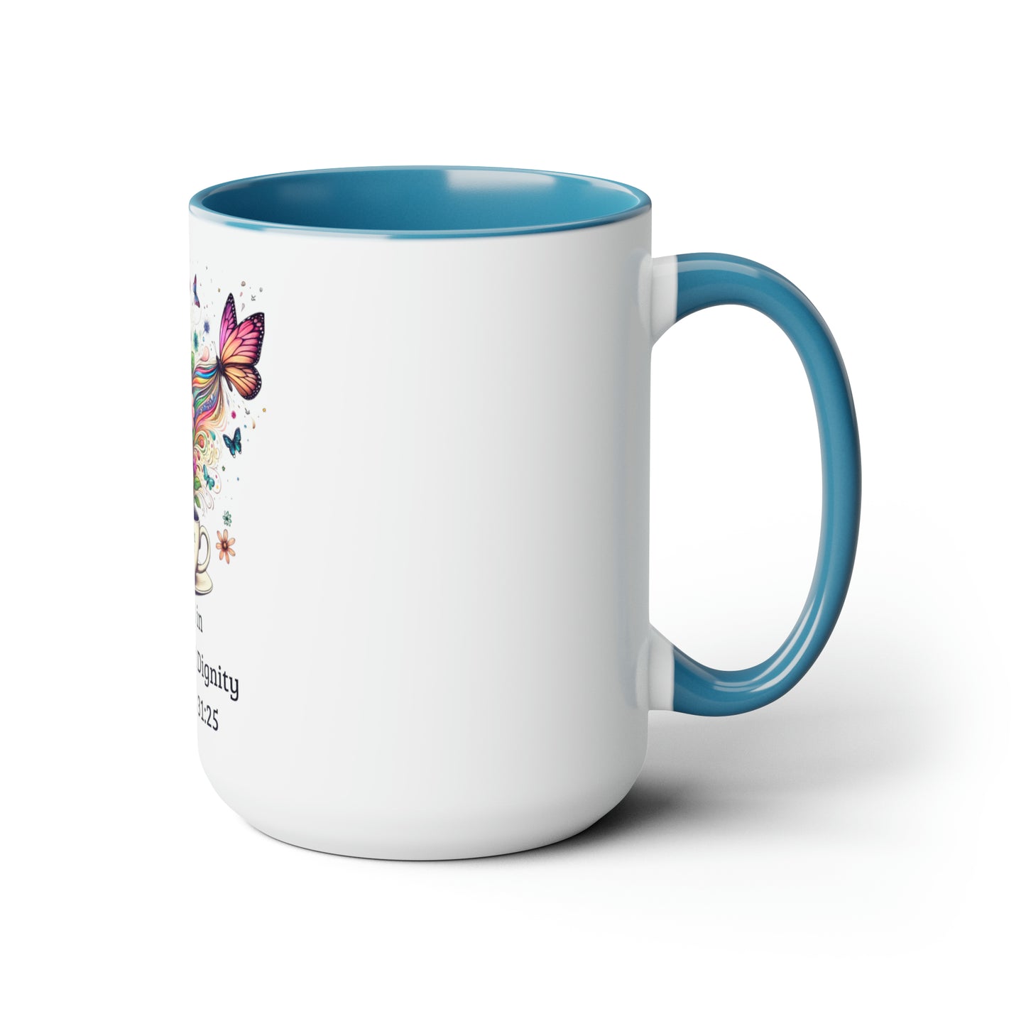 Elegance in Bloom – Two-Tone Ceramic Mug | Proverbs 31:25 “Clothed in Strength & Dignity” | Rooted in Grace Collection