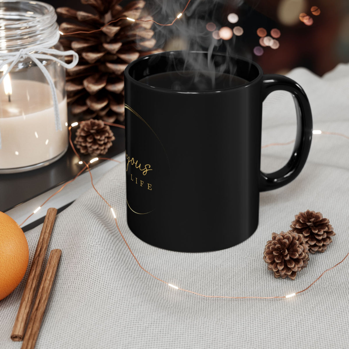 Joyous Life Signature Black Ceramic Mug – 11 oz