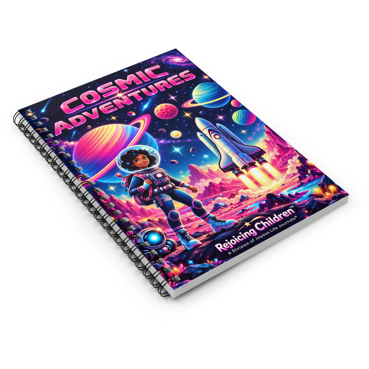 A spiral-bound notebook featuring a vibrant, colorful cosmic cover illustration with an astronaut, rocket ship, planets, and the text 'COSMIC ADVENTURES' and 'Reaping Children'.