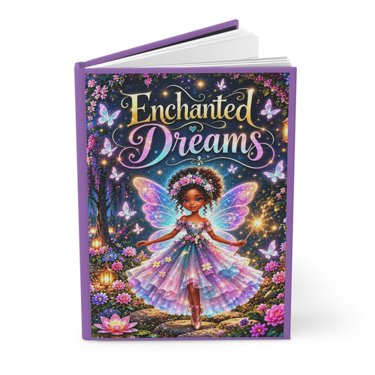 A hardcover book titled 'Enchanted Dreams' featuring a colorful fantasy illustration of a fairy on the cover, with a purple spine and white pages visible at the top, set against a plain white background.