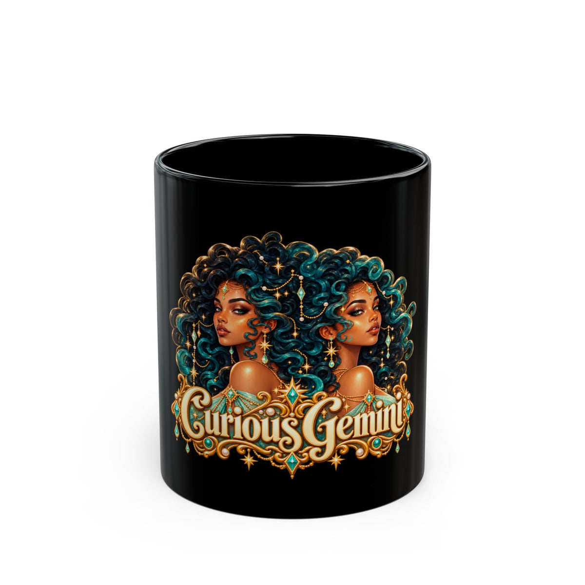 Curious Gemini Black Mug | Celestial Elegance Collection