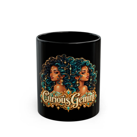 Curious Gemini Black Mug | Celestial Elegance Collection