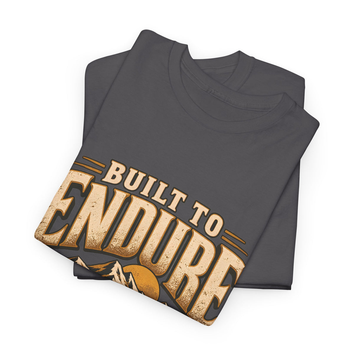 Built to Endure vintage typography with mountain range and sunrise