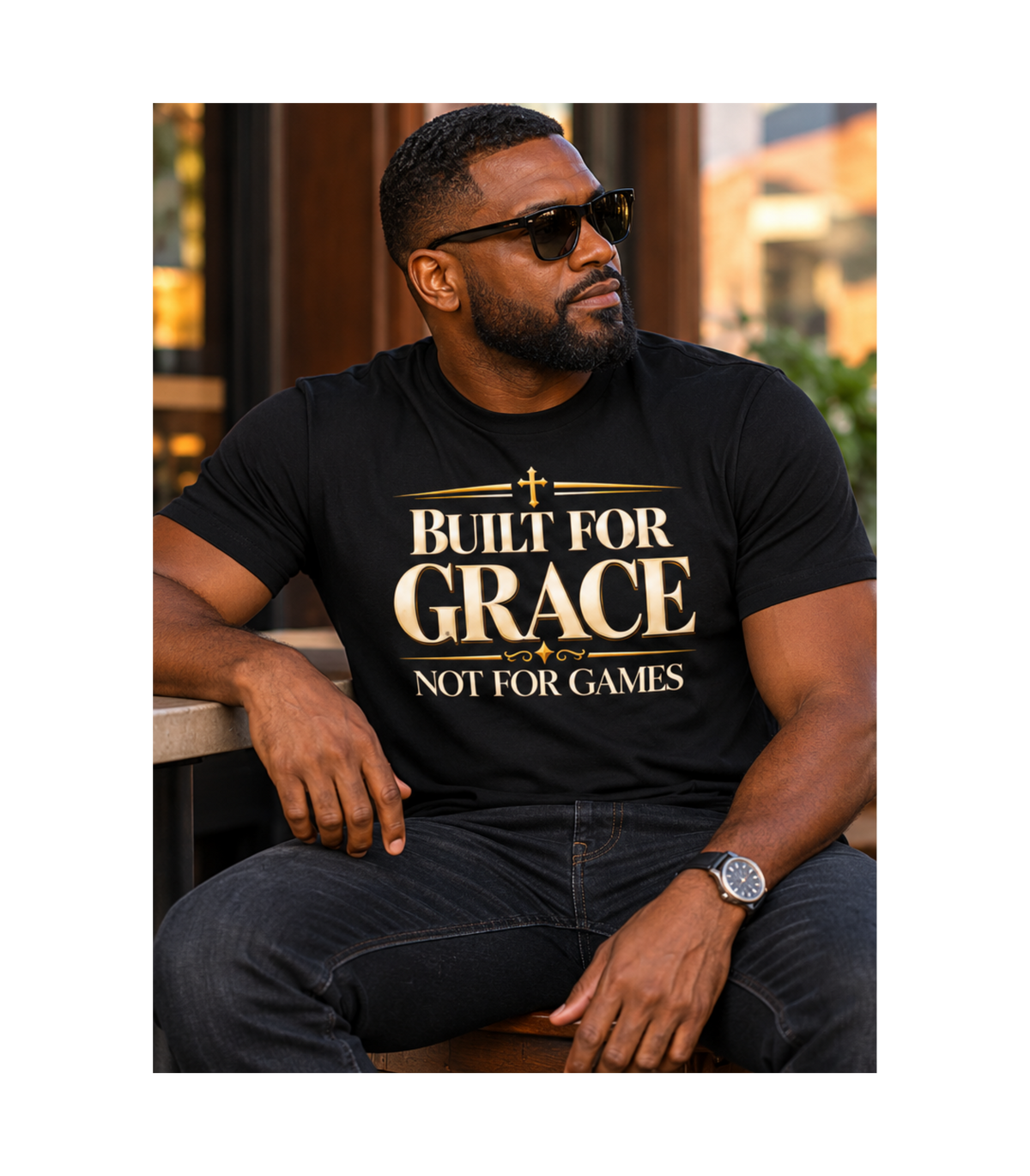 Black man wearing Built for Grace, Not for Games graphic T-shirt with dark jeans