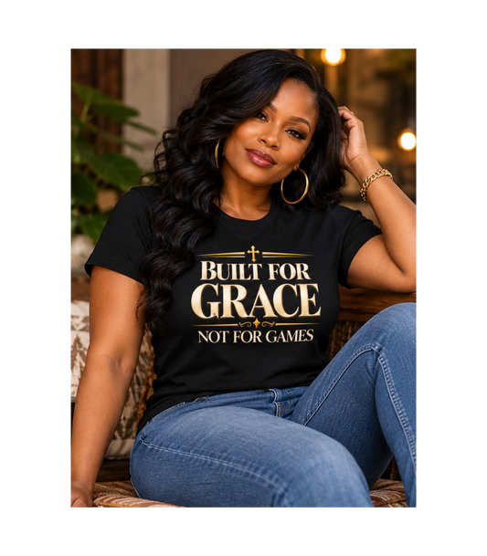 Black woman wearing Built for Grace, Not for Games black faith-inspired graphic tee with blue jeans