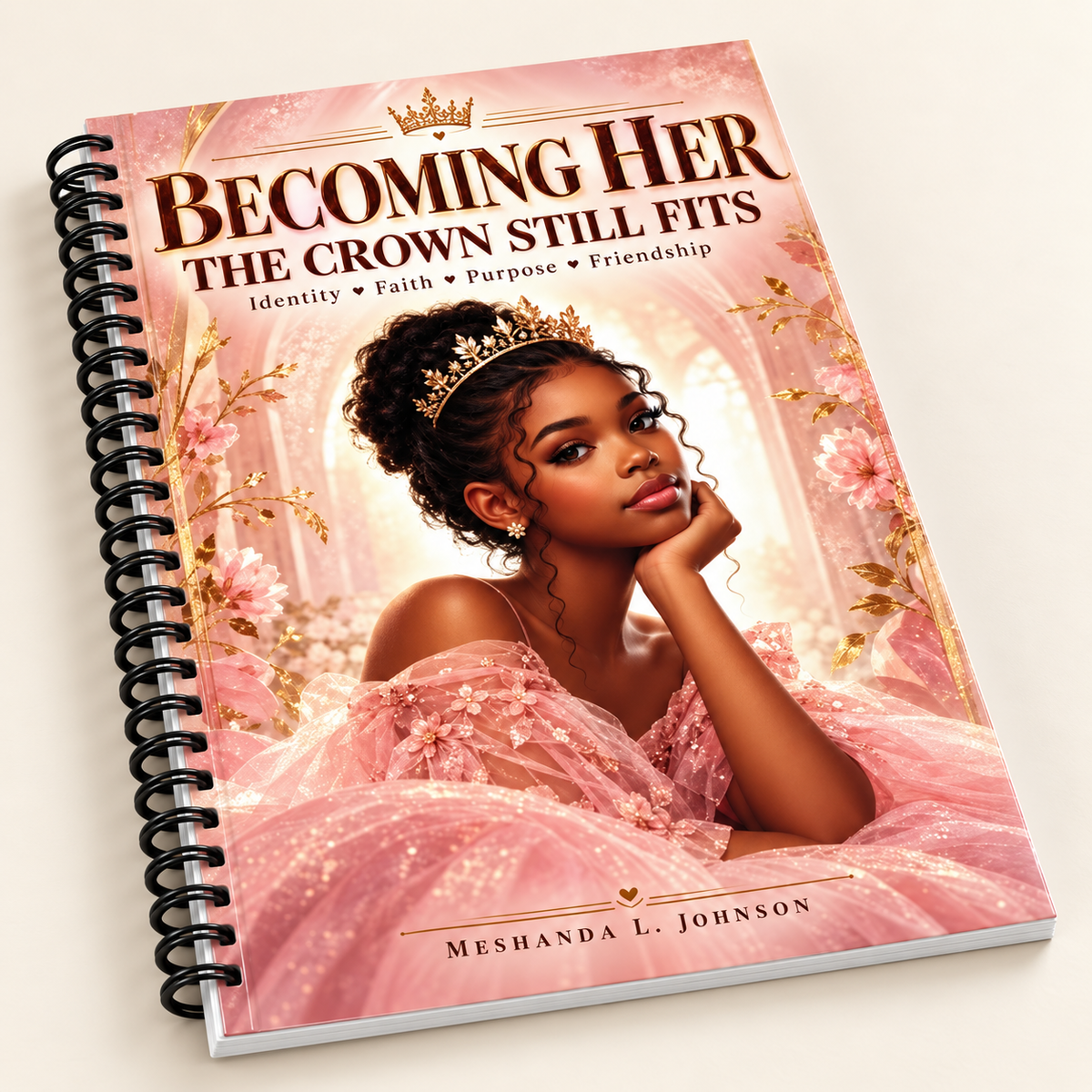 Front cover of Becoming Her: The Crown Still Fits, a faith-based guided journal for girls featuring a crowned Black girl in blush pink.