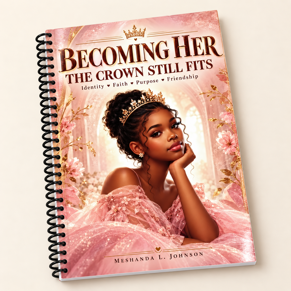 Front cover of Becoming Her: The Crown Still Fits, a faith-based guided journal for girls featuring a crowned Black girl in blush pink.