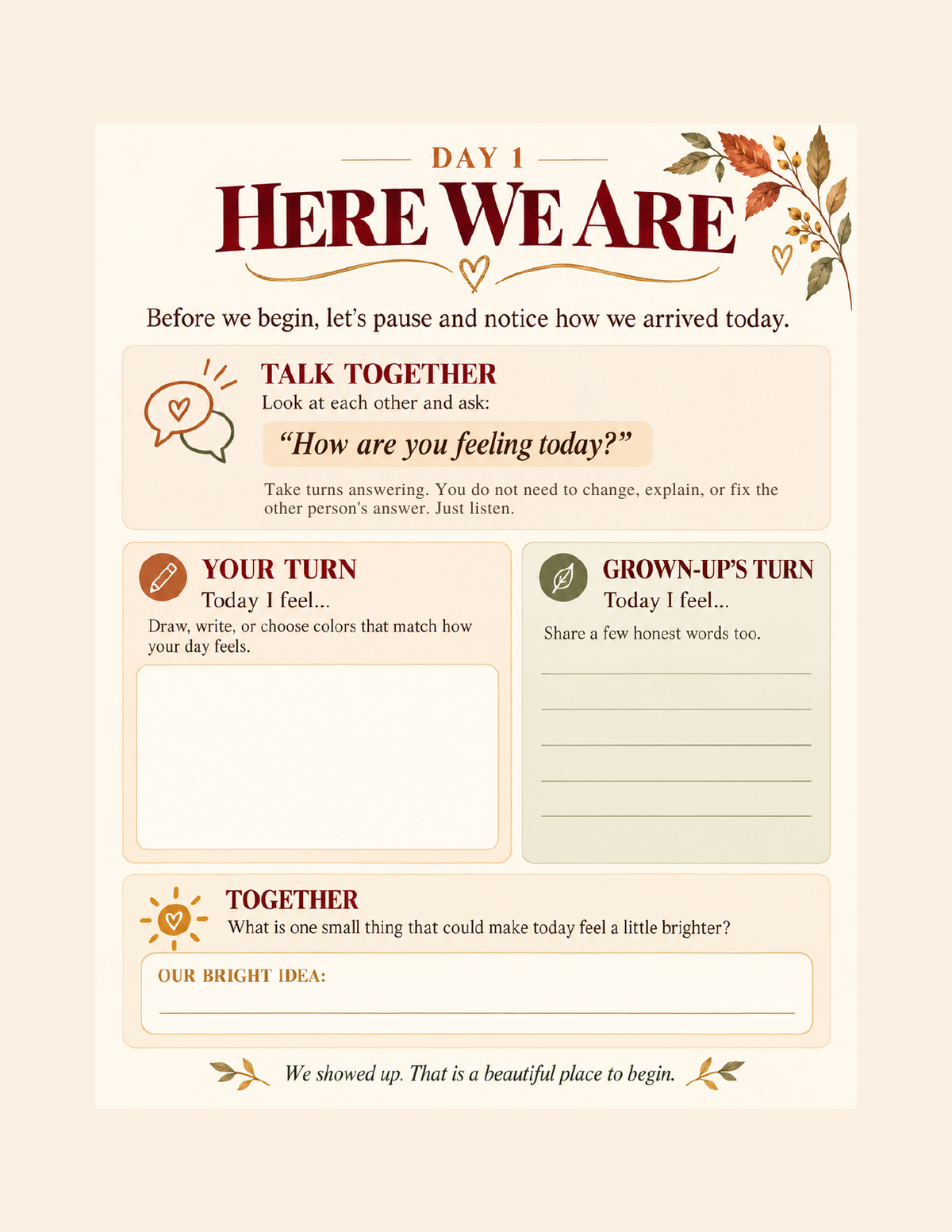 Inside Journal Together: Day 1 shared feelings and arrival page