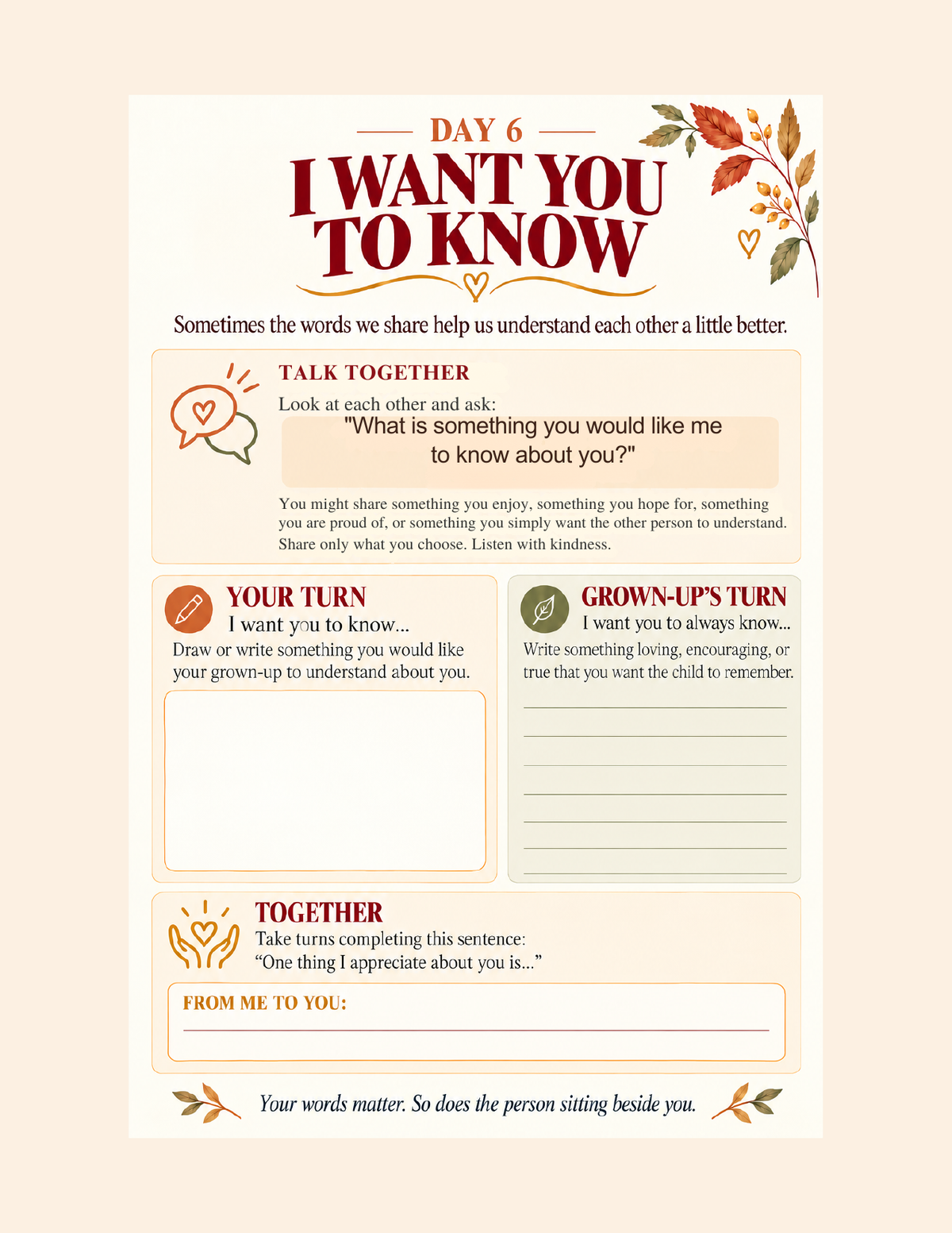 Inside Journal Together: Day 6 I Want You to Know conversation and writing page