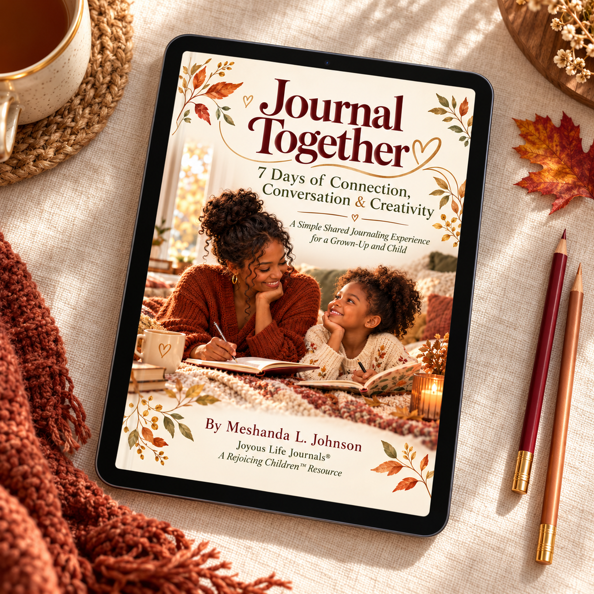 Journal Together digital PDF shown on a tablet in a warm autumn journaling setting